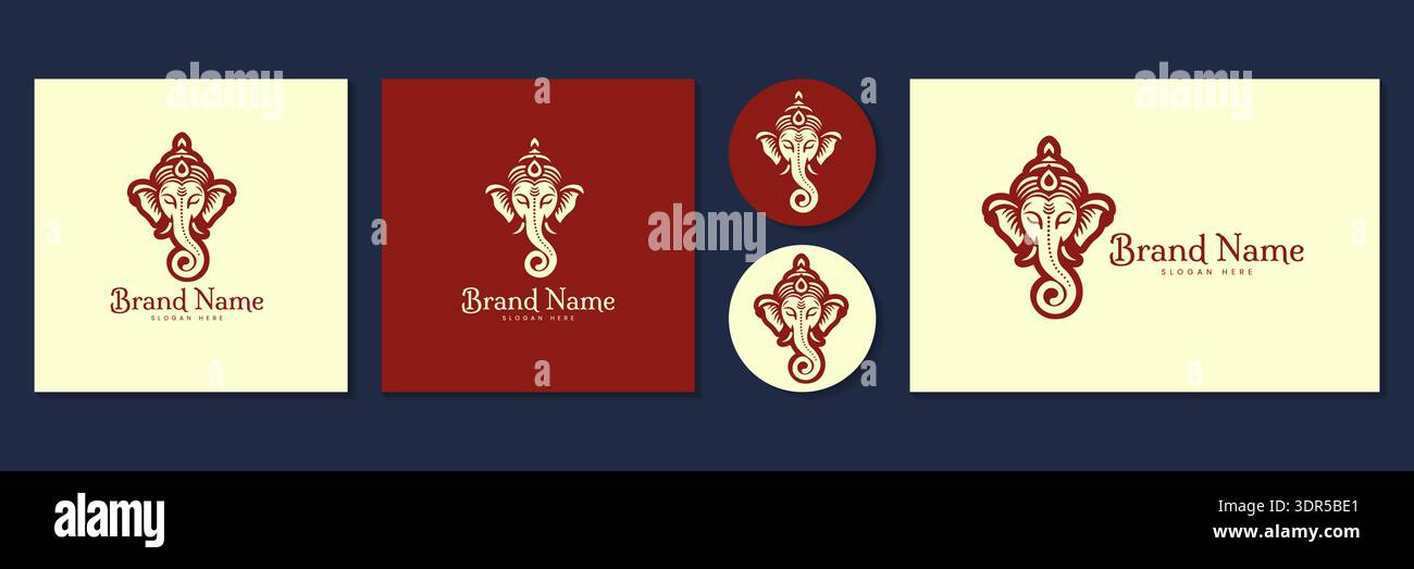 Lord Ganesha Elefant Gott Maskottchen Logo Set für Yoga und Wellness Marke Vektor Illustration. Stock Vektor