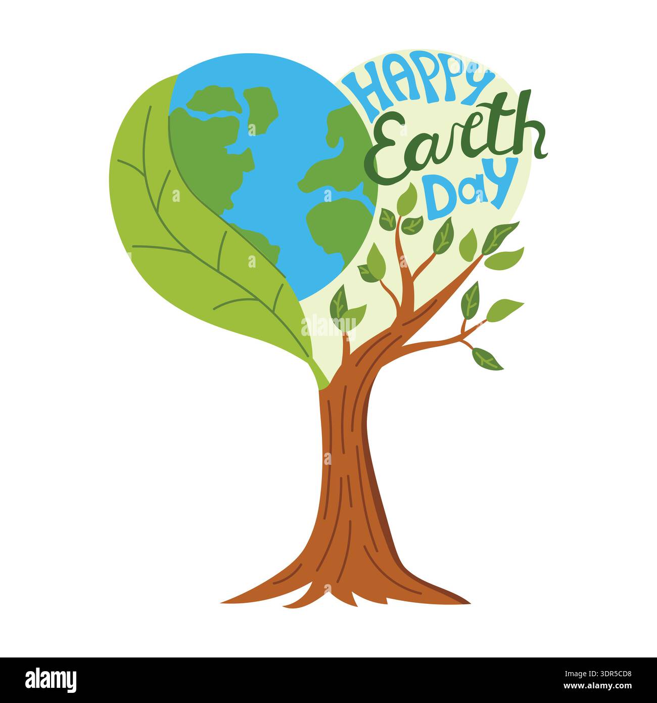 Illustration zum Erdtag mit einer herzförmigen Komposition, bei der der Planet aus einem Baumstamm mit grünen Blättern wächst. Handgezeichneter Happy Earth Day Brief Stock Vektor