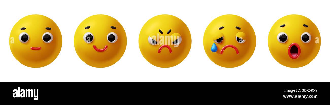 Niedliche 3D-Comic-Emoticons. Gelbe lustige Charaktere mit verschiedenen Gesichtsausdrücken, fröhlichem Lächeln, Überraschung, Tränen und Wut, fröhlich lächelnde Gesichter Stock Vektor