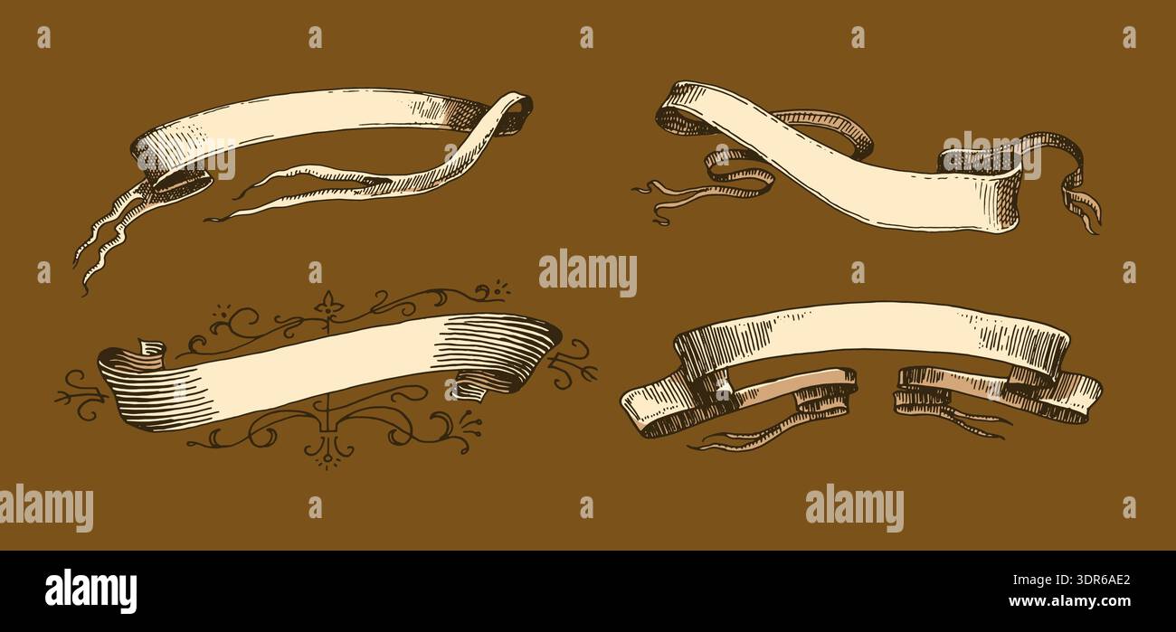 Set mit Scrollband-Bannern im Barocco-Stil. Handgezeichnete Gravur für Ihren Text in traditioneller Vintage-Technik. Für Hochzeit, Veranstaltungen, Geburtstag und Stock Vektor