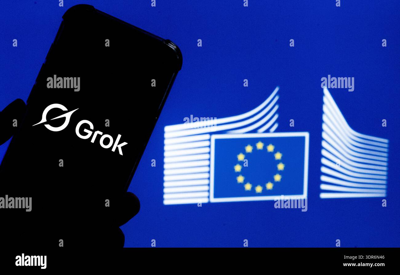 Abbildung von Grok mit Logo der Europäischen Kommission im Hintergrund Stockfoto