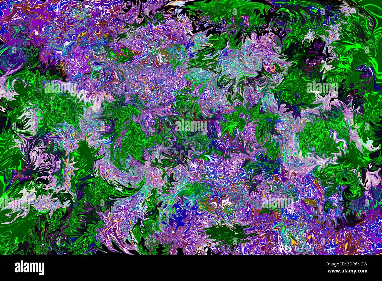 Ausdrucksstarke abstrakte digitale Kunstwerke mit intensiven Grün- und Violetttönen, verwoben mit elektrischen Highlights und wirbelnden, organischen Texturen. Stockfoto