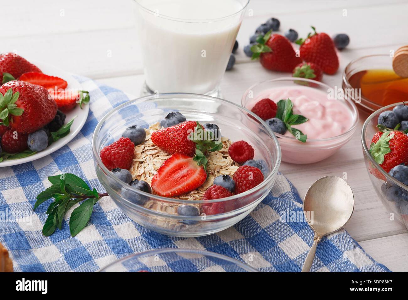 Gesundes Frühstück auf einem Tisch mit Obst, Joghurt, Milch und Hafer Stockfoto