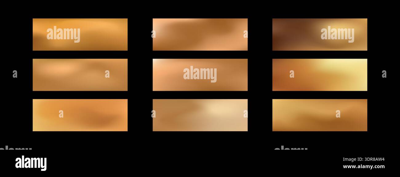 Goldfarbene Folienpalette. Verlaufender Hintergrund. Glatte Folienstrukturen mit Bronze-, Kupfer- und Champagnertönen für visuelle Kompositionen Stock Vektor