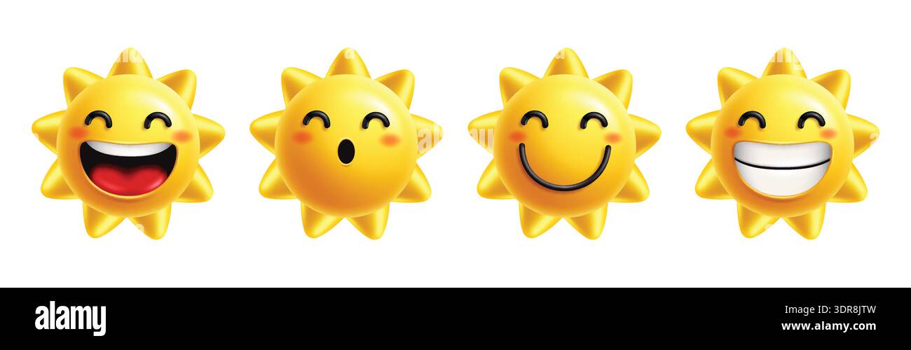 Sun 3D Happy Characters Clipart Set. Gelbe Sonne Cute Happy Faces Clip Art mit lustigen, verspielten, hellen und heißen Sonnenstrahlen Charakterelementen Stock Vektor
