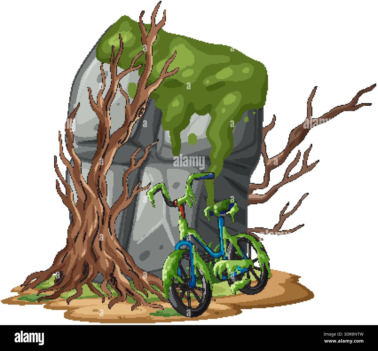 Bewachsenes Fahrrad und Blattloser Baum in der Nähe von moosbedeckten Felsbrocken in stilisierter Vektorillustration Stock Vektor