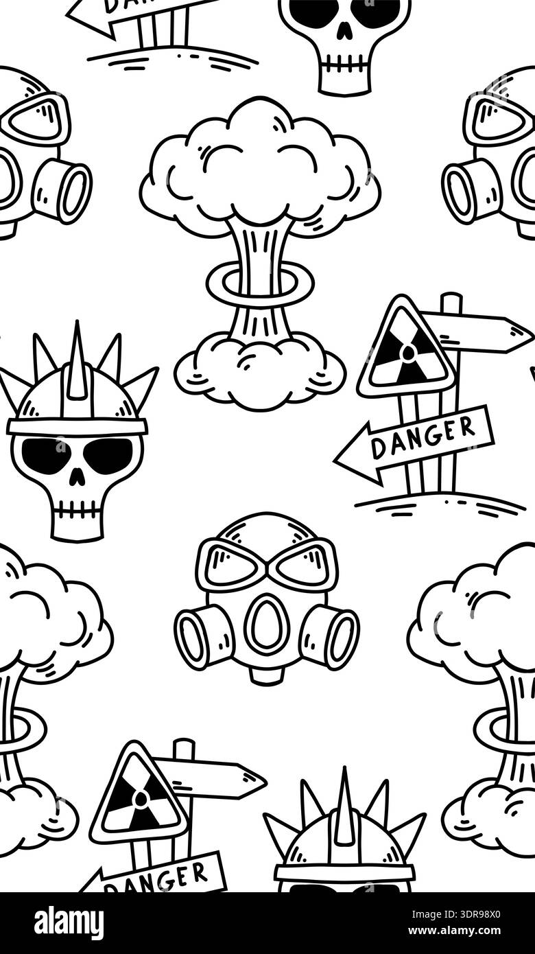 Nahtloses schwarz-weißes Doodle-Muster mit Schädeln, Gasmasken, Gefahrenzeichen und Explosionswolken. Postapokalyptischer und nuklearer Krieg. Bold Line Art Vect Stock Vektor