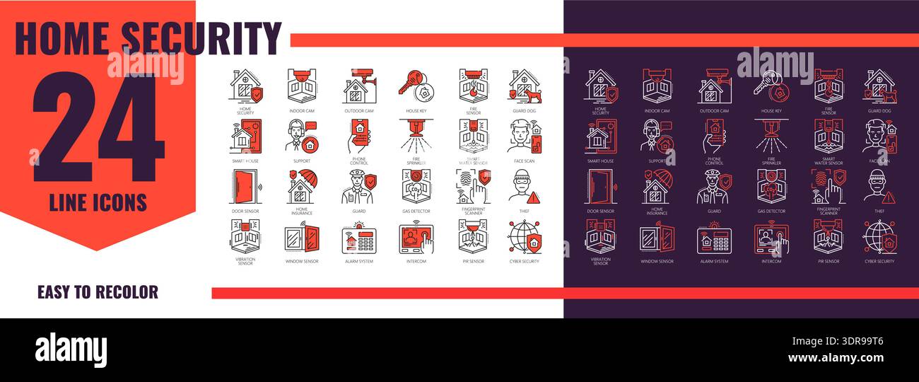Sicherheitssymbole für das Haus Set der intelligenten Steuerung für Schutz und Schutz, Vektorpiktogramme. Sicherheitssymbole von CCTV-Kameras für Videoüberwachung, Bewegungssensoren und sichere Detektoren Stock Vektor
