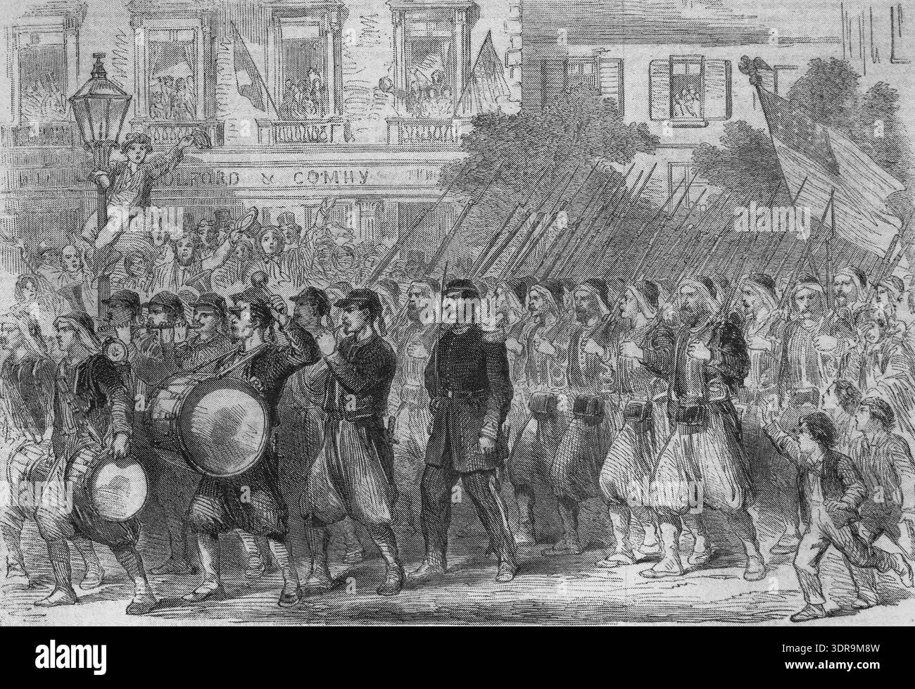 Zouaves vom 5. New Yorker Regiment marschierte 1861 beim Ausbruch des Amerikanischen Bürgerkriegs und trug ihre markanten roten und blauen Uniformen, die von französischen nordafrikanischen Truppen inspiriert waren. Stich von Franz Vizetelly, 1862. Stockfoto