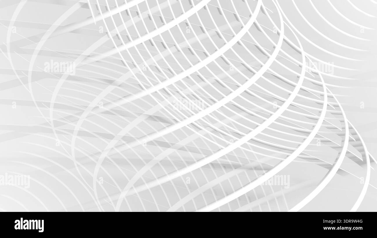 Ein abstrakter weißer Hintergrund mit weißen parametrischen Gitterstrukturen, die durch glatte Spirallinien mit architektonischem Rhythmus gebildet werden. 3D-Rendering-Illustration Stockfoto