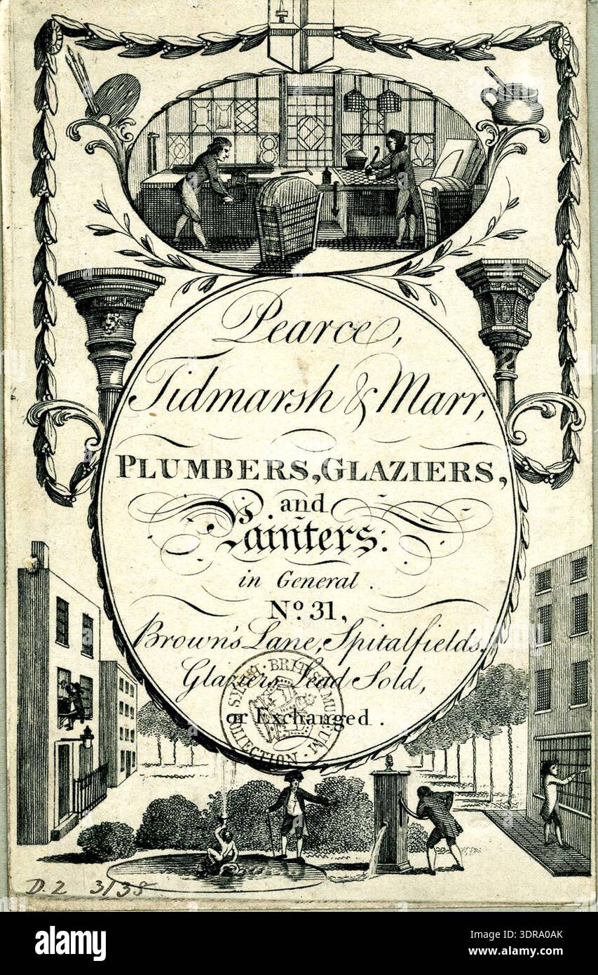 Diese zwischen 1760 und 1818 erstellte Handelskarte repräsentiert Pearce Tidmarsh & Marr, Maler und Dekorateure in No. 31 Brown's Lane, Spitalfields, London. Das zentrale Oval enthält den Firmennamen und die Servicebeschreibung mit einer Vignette oben, die eine Glaserwerkstatt darstellt. Zwei Männer werden von einem Brunnen gezeigt, während zwei andere Fenster an den Gebäudeseiten reinigen. Die Karte wird mit Ätz- und Gravurtechniken ausgeführt und veranschaulicht kommerzielle Werbung aus dem 18. Jahrhundert, berufliche Darstellung und zeitgenössische künstlerische Konventionen. Stockfoto