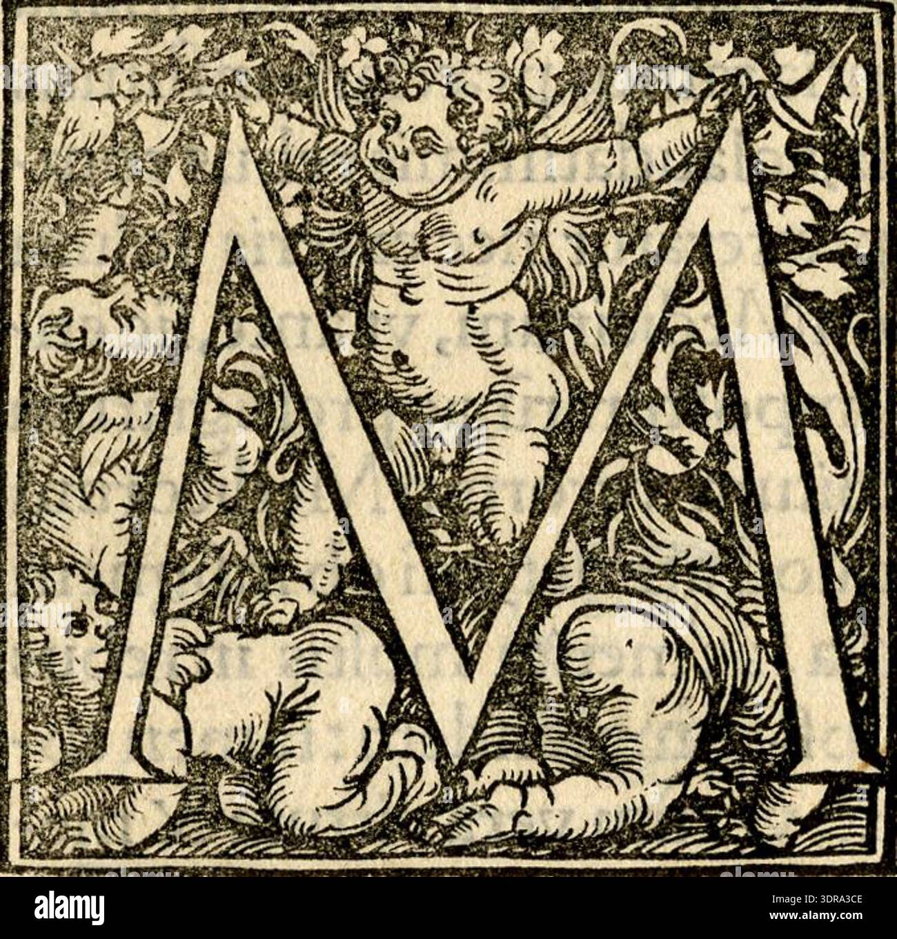 Holzschnitt-Buchillustration um 1527 von Anton Woensam, früher Albrecht Dürer zugeschrieben, zeigt Anfangsbuchstaben mit verspielten Putten auf schwarzem Grund. BUCHSTABEN A, C, H, I, M, n, P, Q, S, T wurden in einem Buch verwendet, das vermutlich von Cervicornus in Köln gedruckt wurde. Das Werk demonstriert Holzschnitttechnik der Renaissance, figurale Dekoration und typographische Gestaltung und spiegelt die frühe europäische Buchillustration und künstlerische Komposition in gedruckten Texten wider. Stockfoto