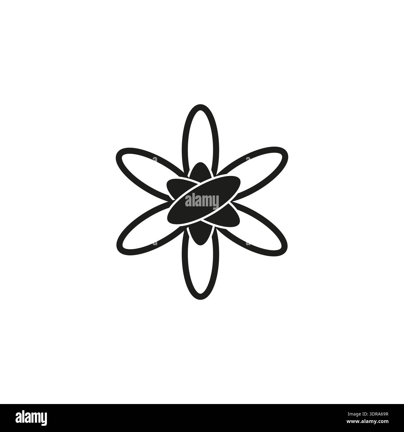 Abstraktes Blumensymbol. Atom Blossom Vector Symbol. Sechs Blütenblätter. Schwarze Vollform. Stock Vektor