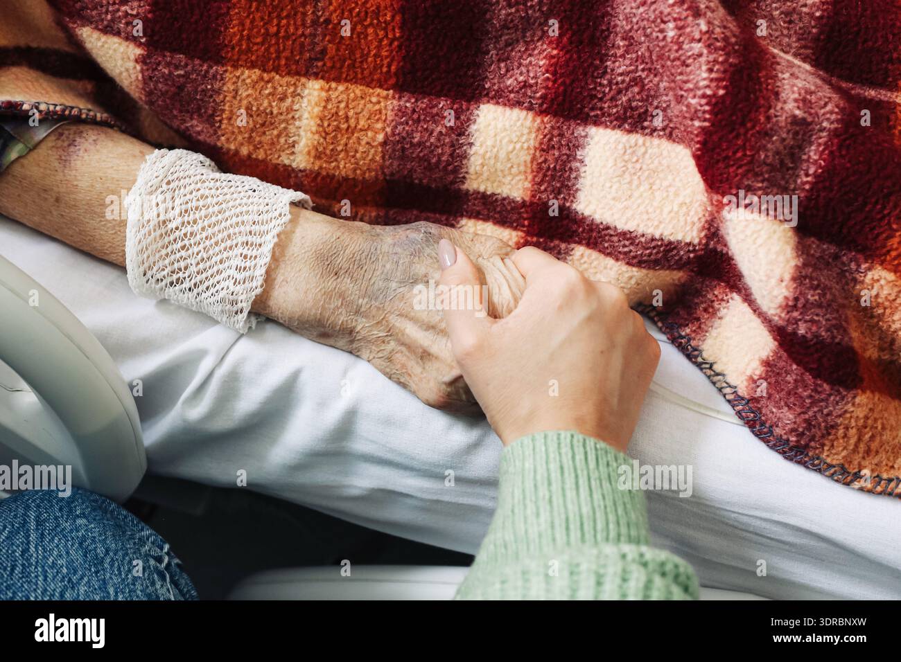 Frau, die die Hand eines älteren Patienten im Krankenhausbett hält. Unterstützung und Betreuung während der ärztlichen Behandlung. Mitgefühl und Gesundheitskonzept in Innenräumen. Stockfoto