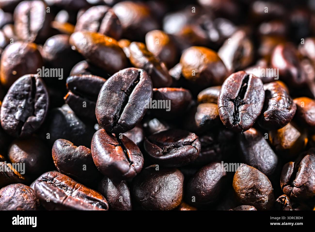 Nahaufnahme von gerösteten Kaffeebohnen. Stockfoto