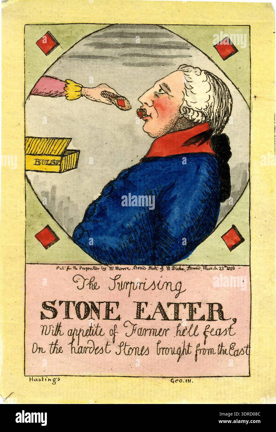 Diese englische Ätzung von William Dent aus dem Jahr 1788, veröffentlicht von William Moore und J (oder W) Dickie, zeigt George III. In halber Länge links, zurückgelehnt mit einem Stein im Mund. Er sieht ängstlich eine Hand, die einen weiteren Stein anbietet, während sich in der Nähe eine offene Box mit der Aufschrift 'Bulse' befindet. Jeder Stein ist mit einem Diamanten aus einem Kartenpack versehen. Die Ätzung ist handkoloriert, umgeben von einem unregelmäßigen Diamanten innerhalb eines Rechtecks, mit viereckigen Diamanten in jeder Ecke, und enthält die Inschrift: 'Mit Appetit von Farmer wird er fest, auf den härtesten Steinen, die aus dem Osten gebracht werden.' Stockfoto