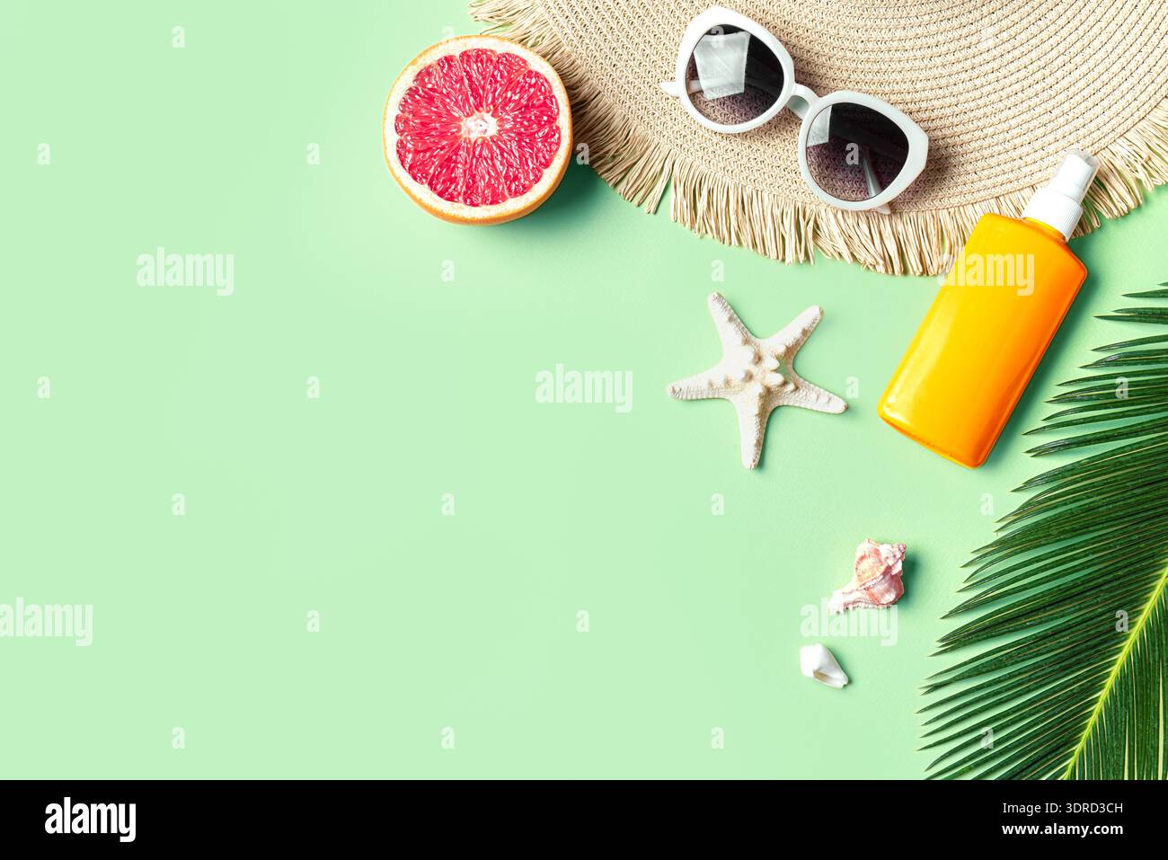 Sommer Hintergrund mit Sonnenbrille, Hut, Palmblatt Stockfoto