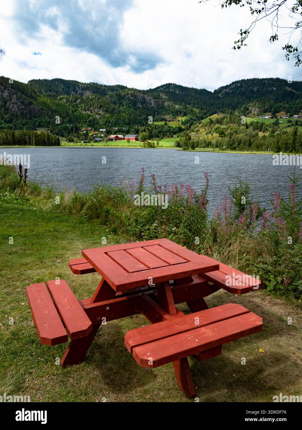 Picknicktisch am See im ländlichen Norwegen Stockfoto