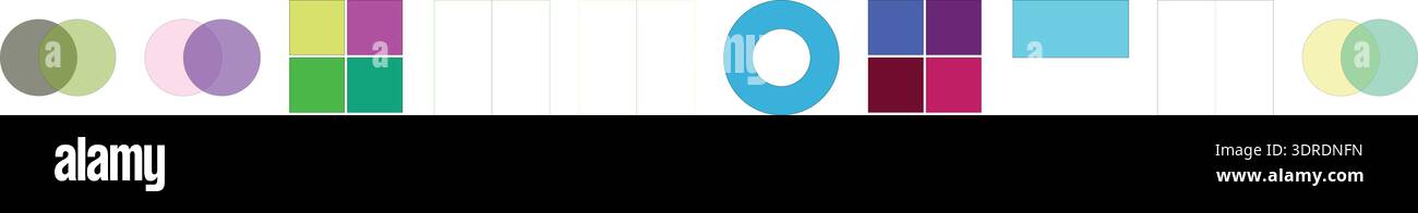 Farbenfrohe abstrakte geometrische Formen, darunter sich überlappende Kreise, Quadrate und ein O-Ring, auf weißem Hintergrund, ideal für Infografiken. Stock Vektor