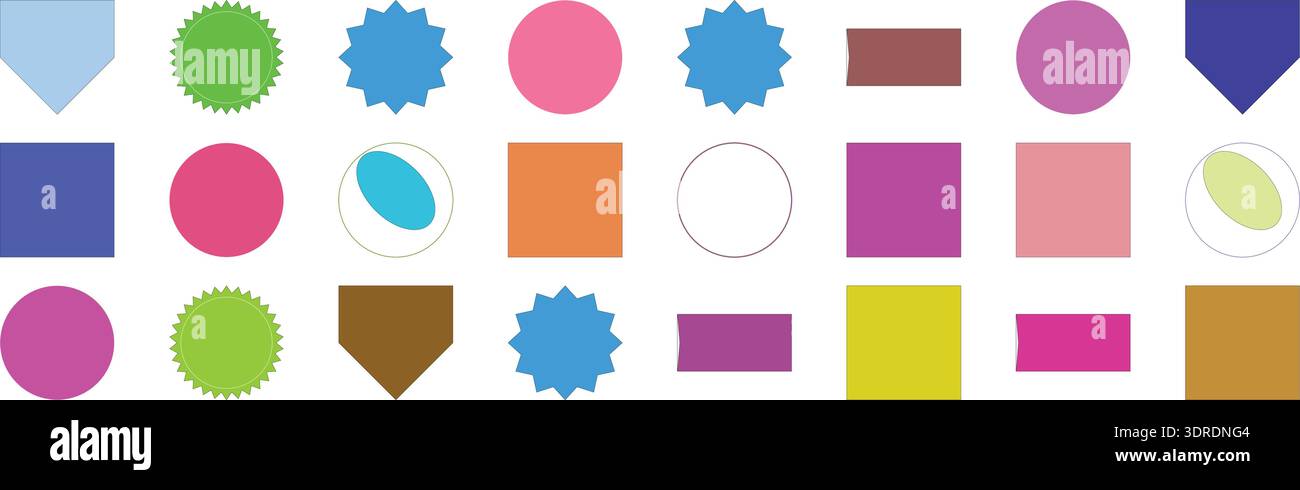 Eine Auswahl an lebendigen, mehrfarbigen geometrischen Formen: Kreise, Quadrate, Schilde und Starbursten, angeordnet auf weißem Hintergrund. Stock Vektor