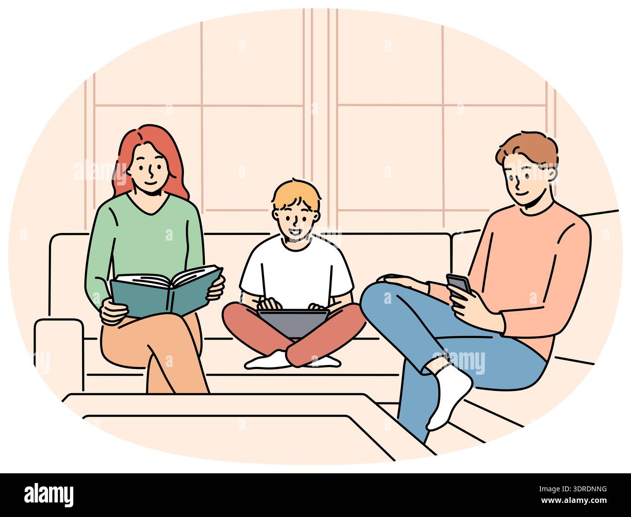 Die Familie sitzt auf der Couch und ignoriert sich gegenseitig wegen des Konzepts von Kommunikationsproblemen Stockfoto