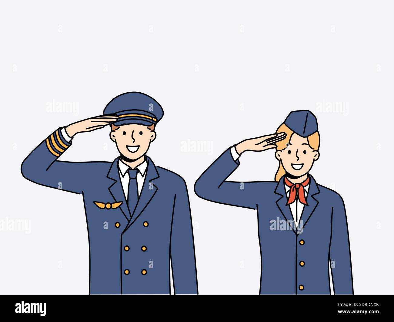 Pilotenflugzeuge und Stewardess begrüßen Fluggäste und danken Ihnen für die Nutzung der Dienste der Fluggesellschaft Stockfoto