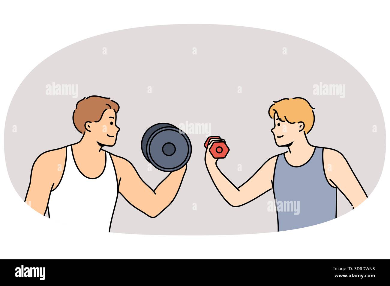 Sportwettbewerb zwischen Männern, die Hanteln mit unterschiedlichen Gewichten heben oder Fitness-Mentoring im Fitnessstudio. Ein professioneller Fitnesstrainer motiviert den Schüler dazu Stockfoto