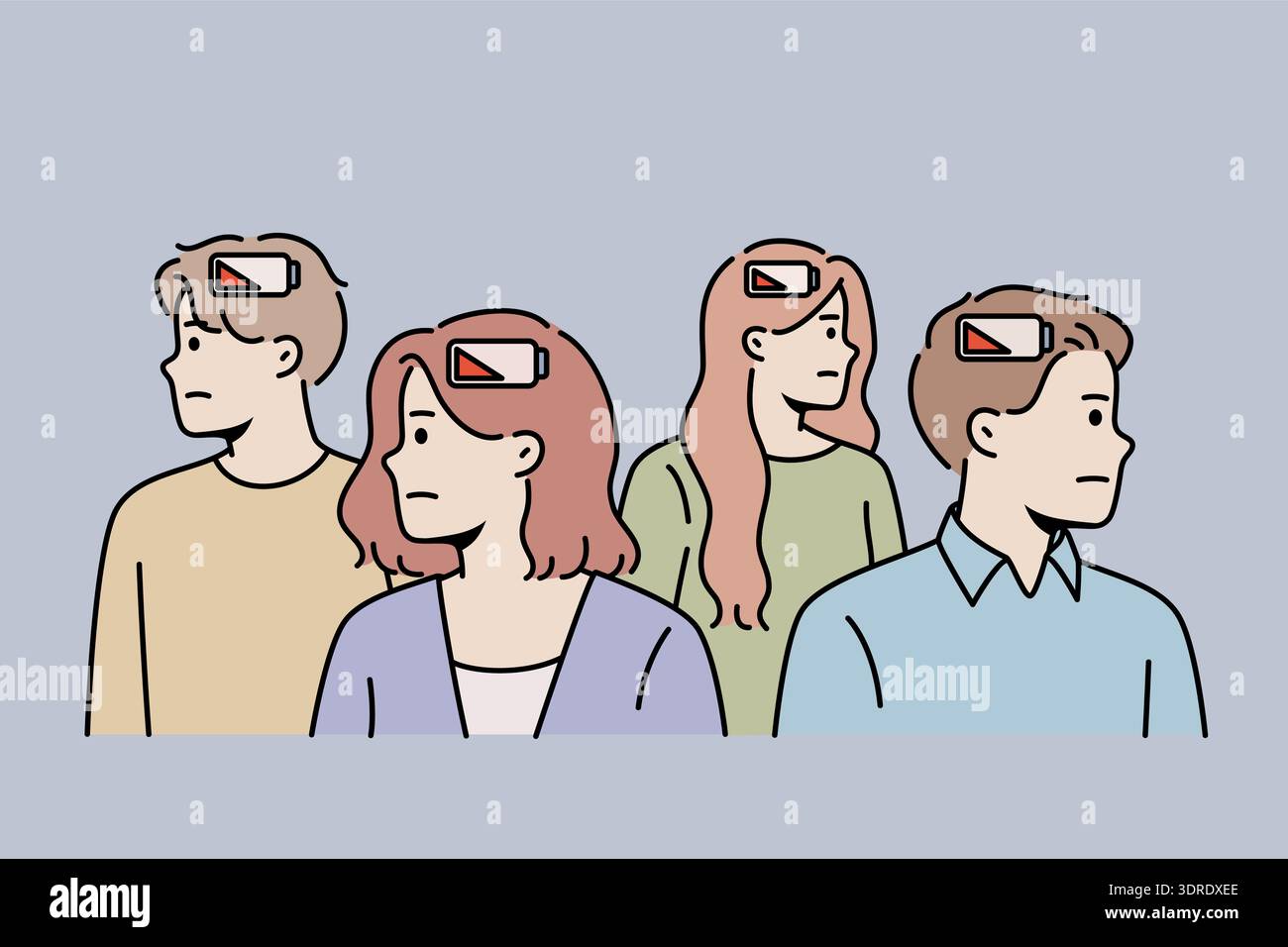Problem emotionaler Burnout in der Gesellschaft und Kraftmangel bei Menschen mit entladener Batterie im Kopf Stockfoto