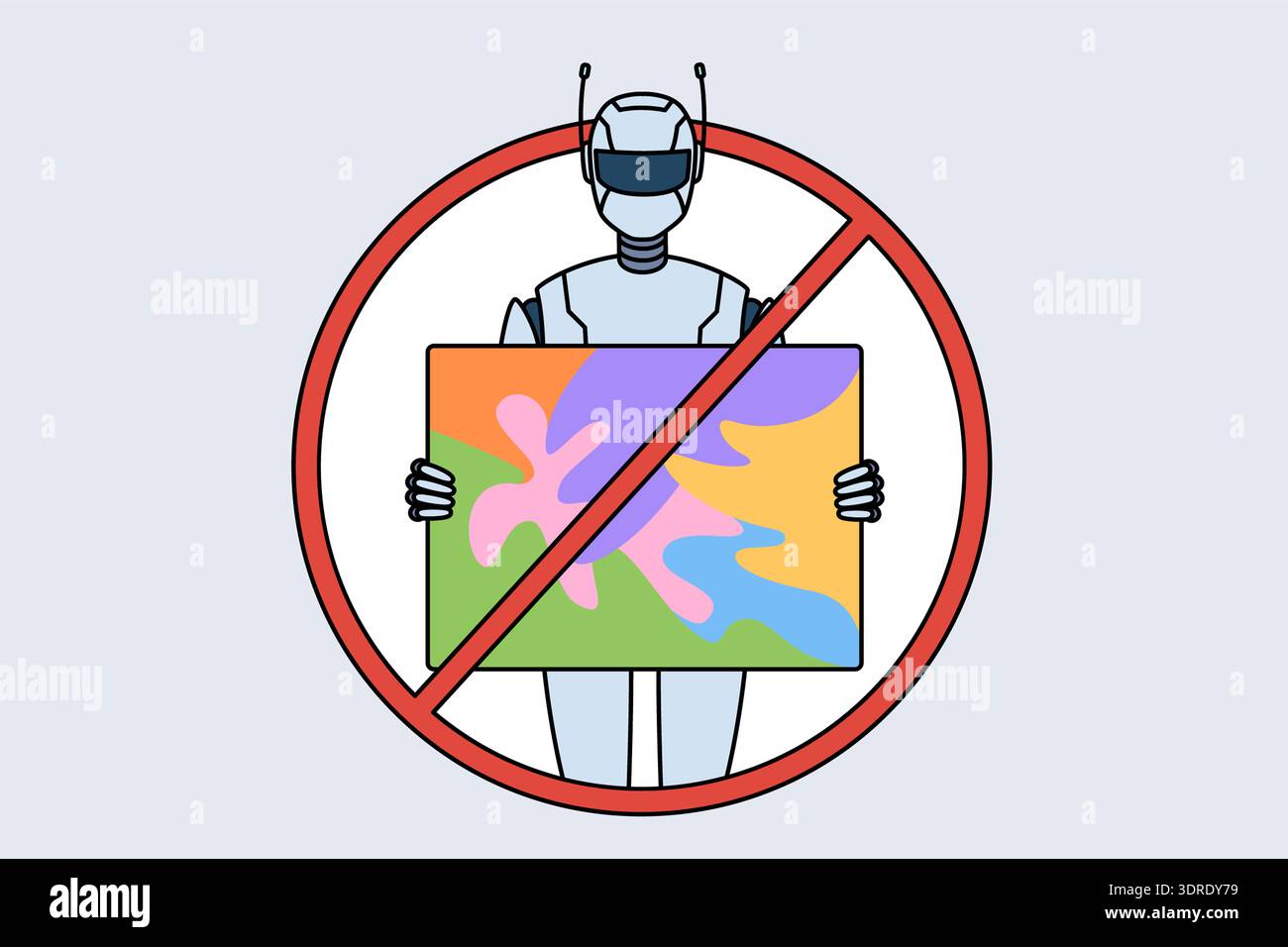 Das Verbot des Einsatzes von KI in der Kunst wird durch ein Schild mit durchgestrichenem Roboter mit Kunstwerken gekennzeichnet. Stockfoto
