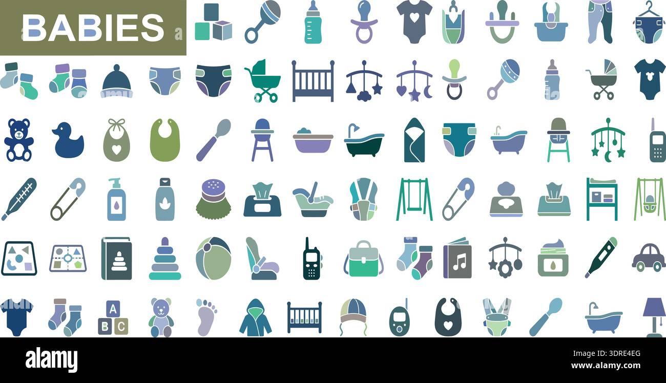 Set mit Symbolen für Babypflege und Kleinkinder mit Symbolen für Spielzeug, Kleidung und Kinderzimmer Stock Vektor