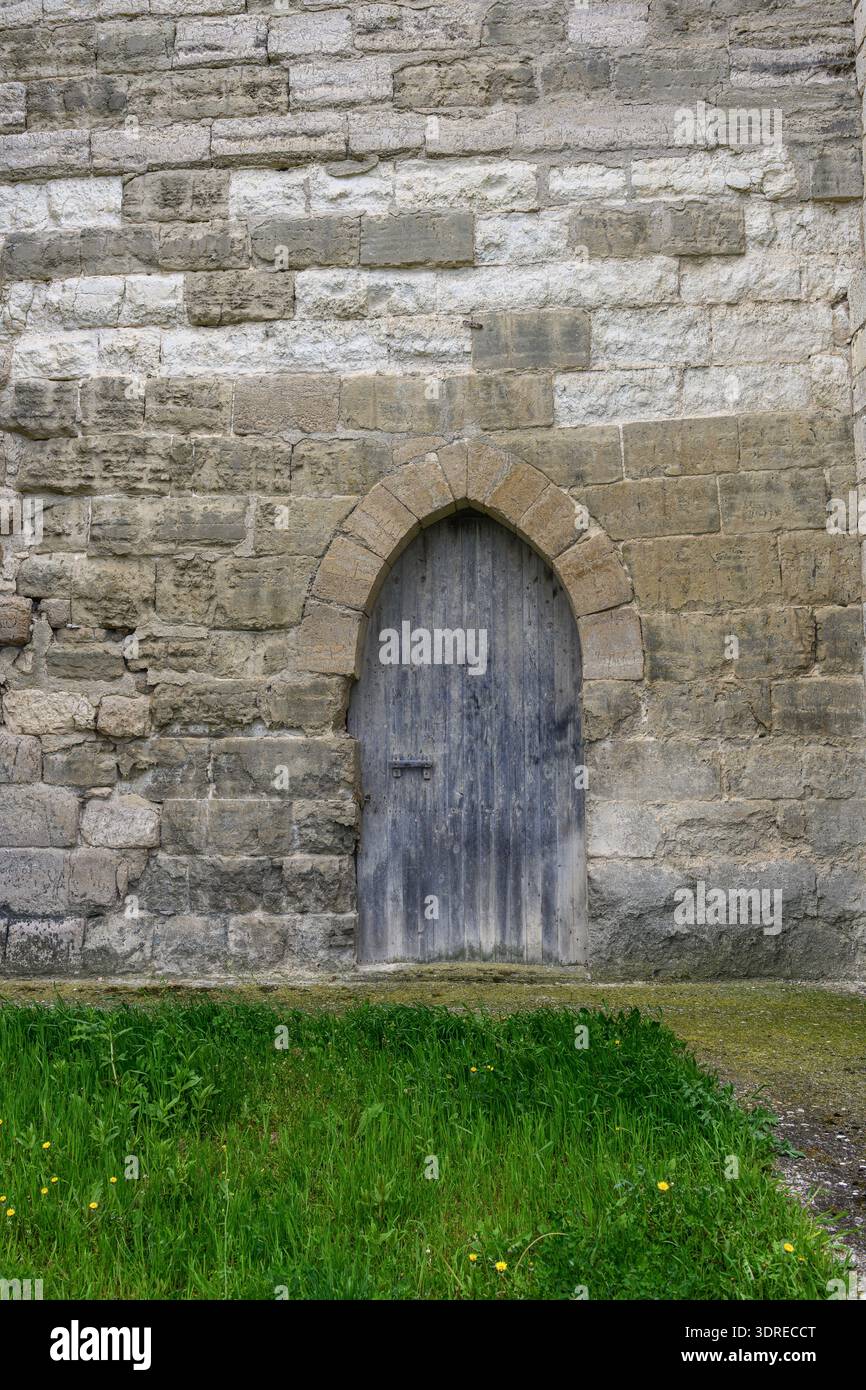 Alte Holztür in einer Steinmauer, Teil einer gotischen Kirche, umgeben von Moos und Gras Stockfoto