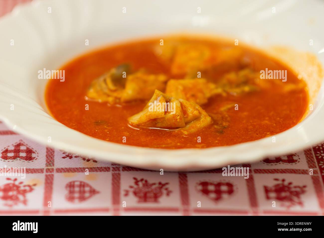Nahaufnahme einer Suppe auf Tomatenbasis mit Nudelknödeln in einer weißen Schüssel auf einer gemusterten Tischdecke, warmes rustikales Menü-Konzept. Stockfoto
