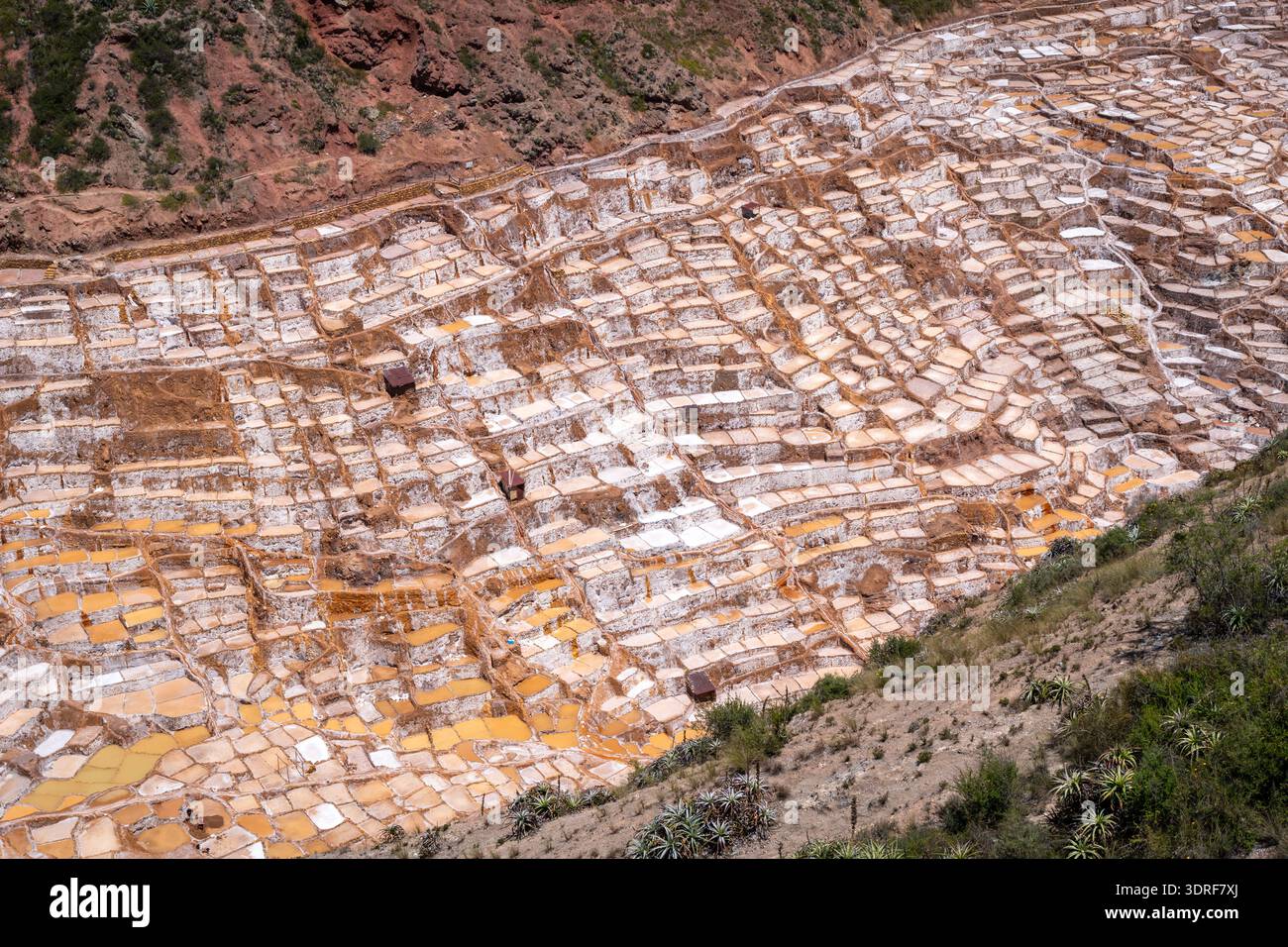 Salzterrassen in Salinas de Maras im Heiligen Tal, Peru Stockfoto