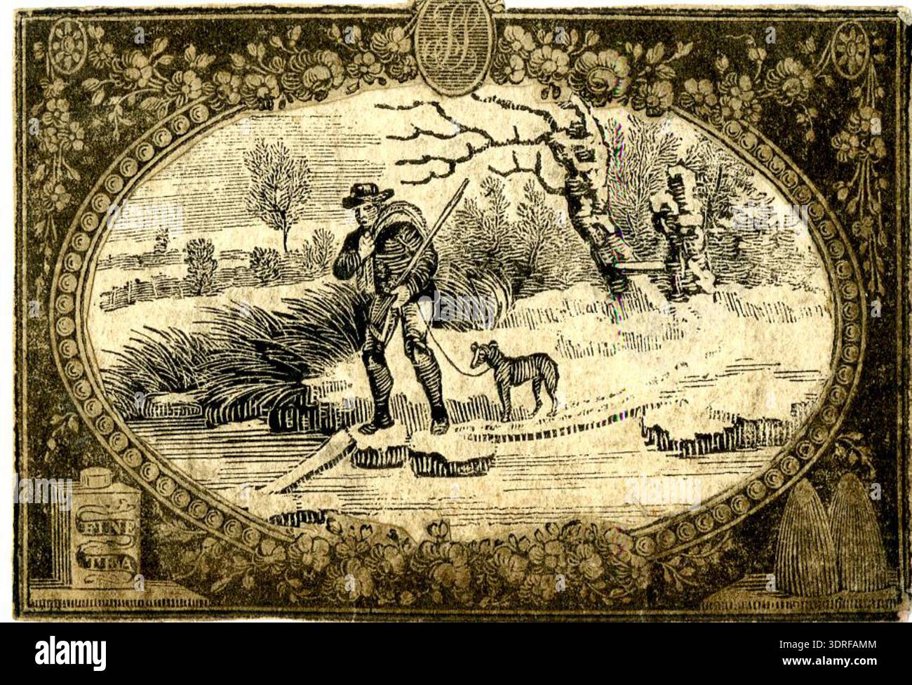 Diese dekorative Umrandung aus Handelskarten, die zwischen 1770 und 1828 datiert wurde, zeigt ein Monogramm „SS“ in einem Oval in einem rechteckigen Rahmen. Links unten befindet sich ein Teekaddy mit der Aufschrift „Fine / Tea“, rechts mit zwei Zuckerbroten, umgeben von Blumengirlanden auf schwarzem Hintergrund. Ein Oval mit Holzstich zeigt einen Jäger im Winter, der auf Stufensteinen einen Bach mit einem Hund an Blei überquert. Der Druck zeigt kommerzielle Illustration, dekorative Kunst und visuelle Komposition für Lebensmittelhändler. Stockfoto