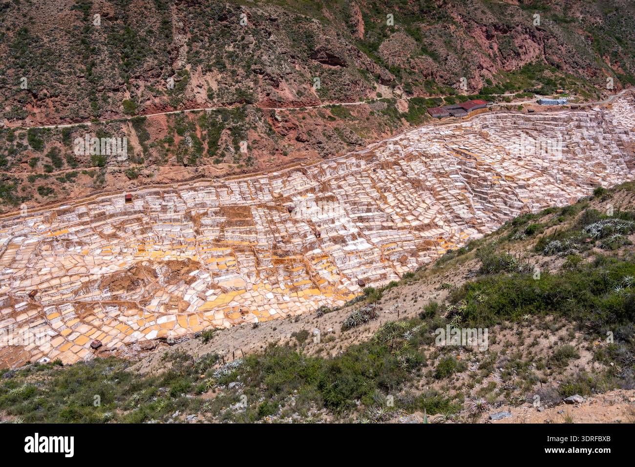 Salzterrassen in Salinas de Maras im Heiligen Tal, Peru Stockfoto
