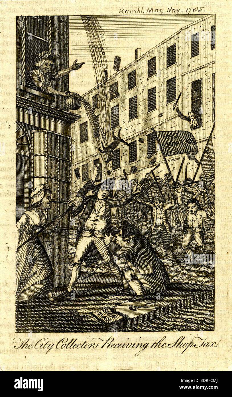 Radierung vom 1. Dezember 1785, die einen Aufstand in einer Londoner Straße aus dem Rambler's Magazine darstellt. Ein Steuereintreiber steht mit seinem Buch, während ein Bürger kniet, bittend zu seinen Füßen. Eine Dienerin greift ihn mit einem Mopp an, während eine andere einen Kammertopf aus einem Fenster gießt. Ströme steigen von den oberen Fenstern ab, und eine Katze, Steine und andere Gegenstände fliegen durch die Luft. Männer mit Schlägern und Bannern nähern sich, mit Bannern mit den Aufschriften „No Shop Tax“ und „No Pitt“. Ein offenes Buch mit der Aufschrift „Shop Tax“ liegt dem Sammler zu Füßen. Stockfoto
