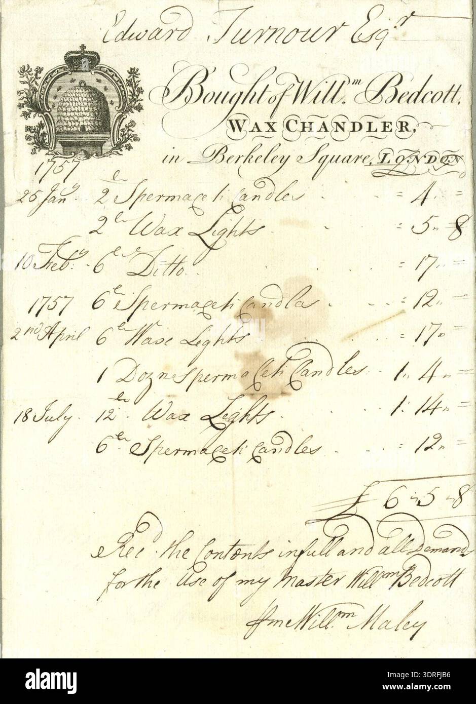 Dieser 1757er-Bill-Kopf zeigt William Bedcott, Chandler, der sich auf Wachs und Talg spezialisiert hat. Die Handelskarte ist mit dekorativem Rahmen und Text versehen, der die Londoner Geschäftspraktiken der Mitte des 18. Jahrhunderts widerspiegelt. Ätzungen und Gravuren heben sowohl ästhetisches Design als auch professionelle Werbung hervor und betonen die Dienstleistungen und Produkte von Bedcott in der Kerzenherstellung. Stockfoto