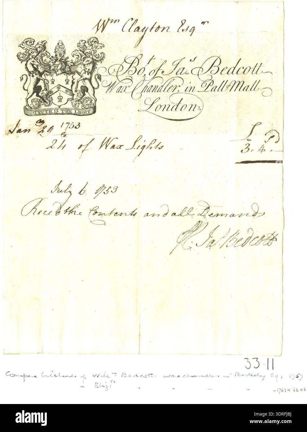 Dieser Entwurf 1753 zeigt James Bedcott, chandler, spezialisiert auf Wachs und Talg. Die Karte verwendet einen zentralen Text mit dekorativem Rahmen, um die berufliche Identität, Handelsdienstleistungen und britische Handelspraktiken aus der Mitte des 18. Jahrhunderts hervorzuheben. Ätzungen und Gravuren veranschaulichen Werkzeuge, Produkte und Werbemethoden und werben damit potenziellen Kunden für das Geschäft und die Handwerkskunst von chandler. Stockfoto