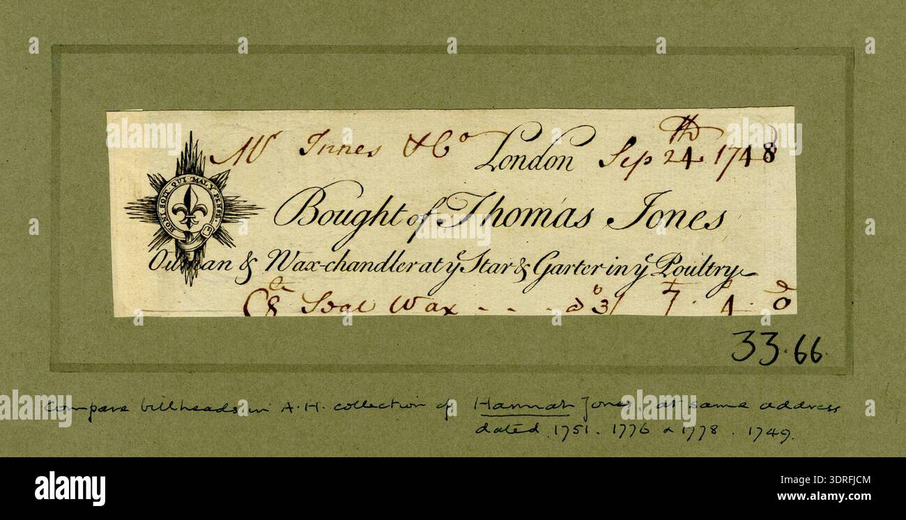 Draft Bill Head von Thomas Jones, chandler spezialisiert auf Wachs und Talg, 1748. Die Karte zeigt seinen Namen und seinen Beruf für die Förderung der Kerzenherstellung in London. Sie wurde unter Verwendung von Ätzen und Gravuren erstellt und enthält dekorative und typografische Elemente, die für englische Handelskarten der Mitte des 18. Jahrhunderts charakteristisch sind, und spiegelt handwerklichen Handel und städtische Berufe wider. Stockfoto