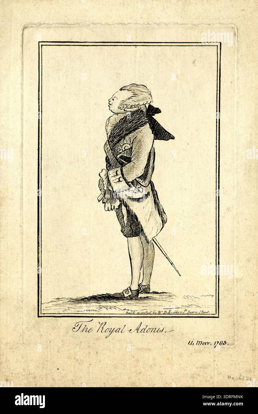 Diese Gravur von 1783, die Edward Topham zugeschrieben und von Elizabeth Darchery veröffentlicht wurde, zeigt ein Karikaturporträt eines königlichen Herzogs, wahrscheinlich William Henry, Duke of Gloucester. Er steht links im Profil, trägt Schwert, Taschenperücke, Hut unter dem linken Arm, Mantel mit Pelzkragen, Strumpfstern und Band. Gesichtszüge, Haaranordnung, Doppelkinn, dicker Hals und offener Mund sind für Karikatur übertrieben. Der Druck reflektiert englische Porträts aus dem 18. Jahrhundert, mezzotint Einfluss und satirische Darstellung königlicher Figuren. Stockfoto