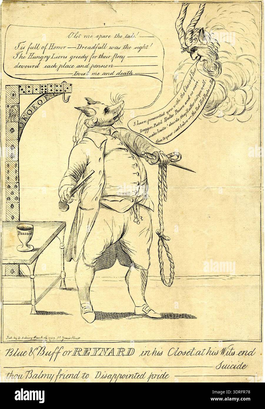 Dieser Druck von 1783 zeigt eine Fuchsfigur, Reynard, die in einem Schrank steht und auf den Teufel blickt, dessen Kopf oben rechts aus Wolken hervorgeht. Reynard hält eine Pistole in der rechten Hand, einen Dolch und eine Schlinge in der linken. Ein Becher mit der Aufschrift "Gift" sitzt neben ihm auf einem Tisch. Dahinter befindet sich ein Galgen aus Spielkarten und Würfeln, der von einem Segment eines Tisches gestützt wird. Dialoginschriften vermitteln Reynards Angst und Entscheidungsfindungen. Der Druck zeigt satirische Illustrationen und symbolische Bilder aus dem späten 18. Jahrhundert. Stockfoto