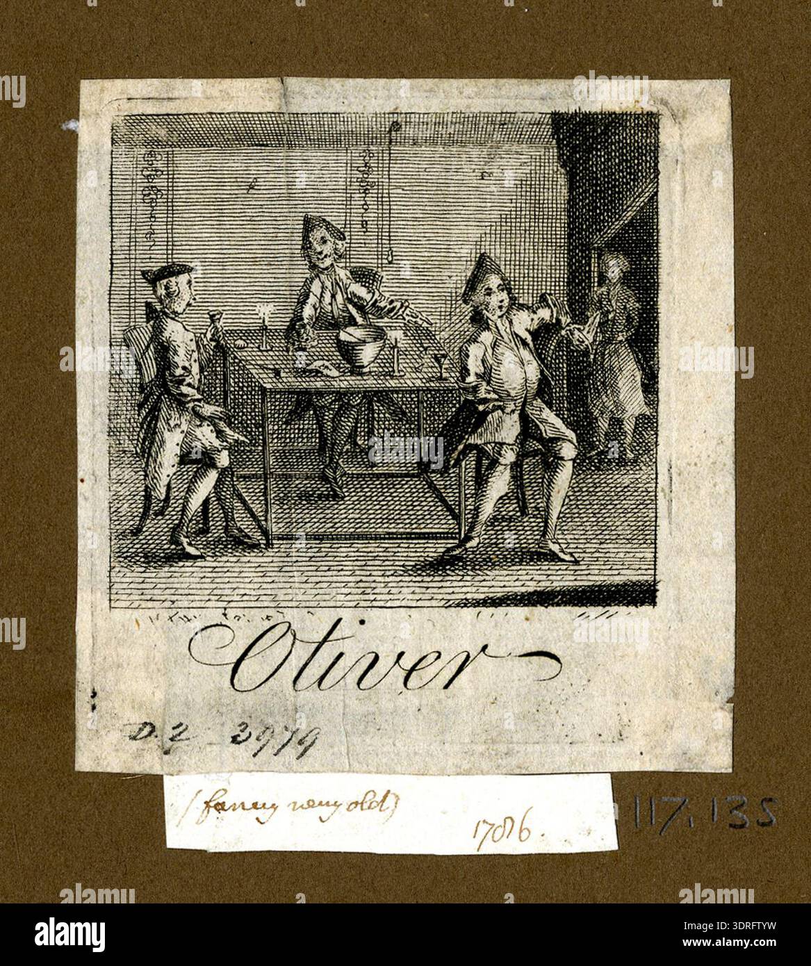 Diese zwischen 1760 und 1818 hergestellte Handelskarte wirbt für Oliver, den Tabakhändler. Die Karte enthält dekorativen Text und Illustrationen, um Produkte und Dienstleistungen zu vermitteln, die die britische kommerzielle Druckerei Mitte des 18. Bis Anfang des 19. Jahrhunderts widerspiegeln. Ätz- oder Gravurtechniken werden eingesetzt, um Kunden zu gewinnen, visuelle Informationen über das Unternehmen bereitzustellen und durch Design, Layout und Bilder eine professionelle Identität zu etablieren. Stockfoto