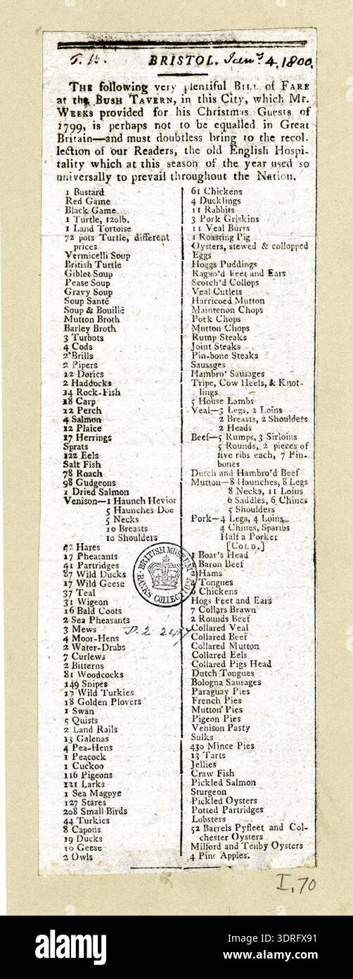 Diese Handelskarte, datiert zwischen 1760 und 1818, wirbt für Wochen in der Bush Tavern in Bristol. Die Karte enthält wahrscheinlich Text, Beschilderung der Taverne und dekorative Abbildungen des Hauses. Sie demonstriert die britische Handelsförderung des 18. Jahrhunderts, die Gastfreundschaft und die berufliche Identität. Mit Handelskarten konnten potenzielle Kunden über die Lage, die Dienstleistungen und Annehmlichkeiten informiert werden, was die Druckdesign- und Marketingkonventionen für Gasthäuser und Tavernen aus georgianischer Zeit widerspiegelte. Stockfoto
