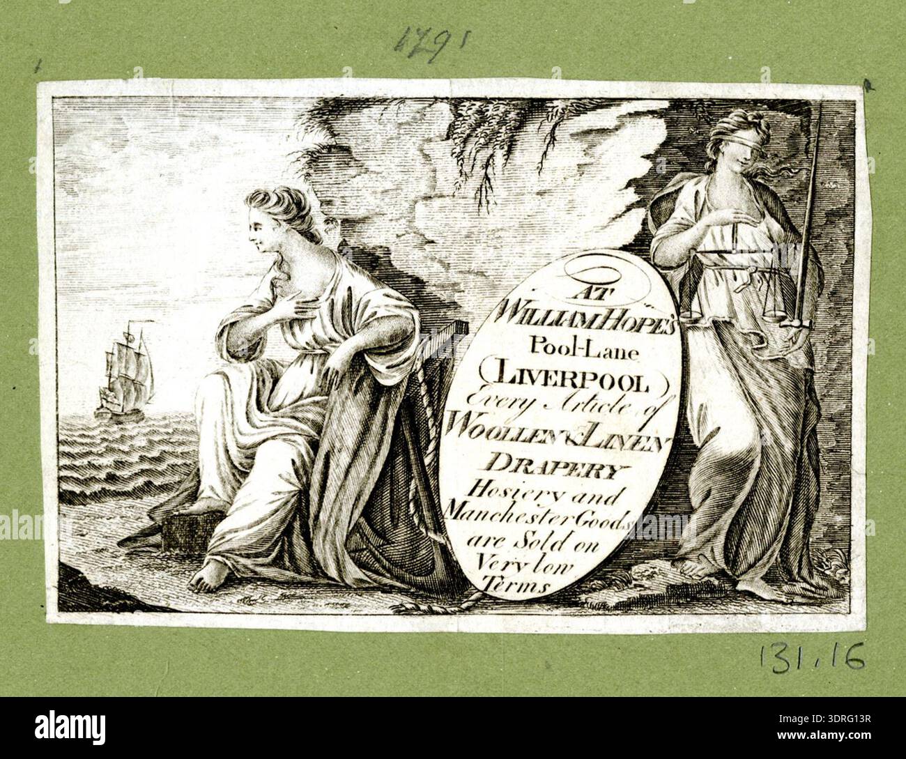 Diese Handelskarte, die von 1760 bis 1818 stammt, wirbt für William Hope, einen wollmercer. Es enthält wahrscheinlich seinen Namen, seinen Beruf und dekorative Elemente, die mit Wollstoffen oder Textilien zusammenhängen. In diesem Zeitraum dienten die Tauschkarten dazu, professionelle Dienstleistungen zu bewerben, einen guten Ruf zu etablieren und Kunden anzuwerben. Die Gravur oder gedruckte Karte spiegelt kommerzielle Druckmethoden im England des 18. Und frühen 19. Jahrhunderts wider und liefert visuell und textlich Informationen über den Handel von mercer. Stockfoto