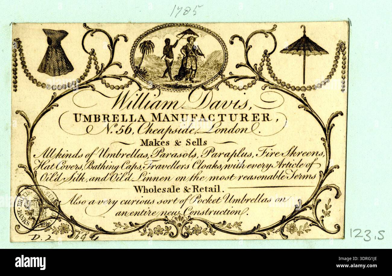 Diese zwischen 1760 und 1818 produzierte Handelskarte wirbt für William Davis, einen Regenschirmhersteller. Es enthält dekorative Illustrationen und Texte, die die angebotenen Regenschirme und die handwerkliche Verarbeitung hervorheben. Der Druck demonstriert die Geschäftspraktiken im Großbritannien des 18. Jahrhunderts und zeigt Geschäftsförderung durch visuelle und textliche Kommunikation. Die Karte spiegelt den Handel der Handwerker, die Materialien, die für die Herstellung von Regenschirmen verwendet werden, und die Marketingmethoden für kleine Unternehmen wider. Stockfoto