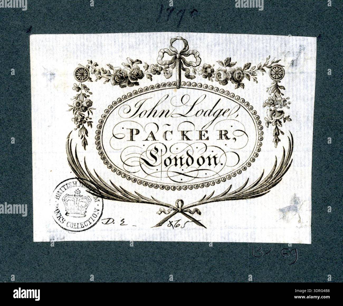 Diese Handelskarte, die zwischen 1760 und 1818 datiert wurde, wirbt für das Geschäft von John Lodge, einem Packer in England. Es ist auf Papier gedruckt und verfügt über Designelemente, die typisch für Handelskarten aus dem 18. Jahrhundert sind, wie dekorative Typografie und Layout. Die Karte diente als Werbemittel, um potenzielle Kunden über die Verpackungsdienstleistungen von Lodge zu informieren und eine berufliche Identität innerhalb des Handelsnetzes des betreffenden Zeitraums zu etablieren. Stockfoto
