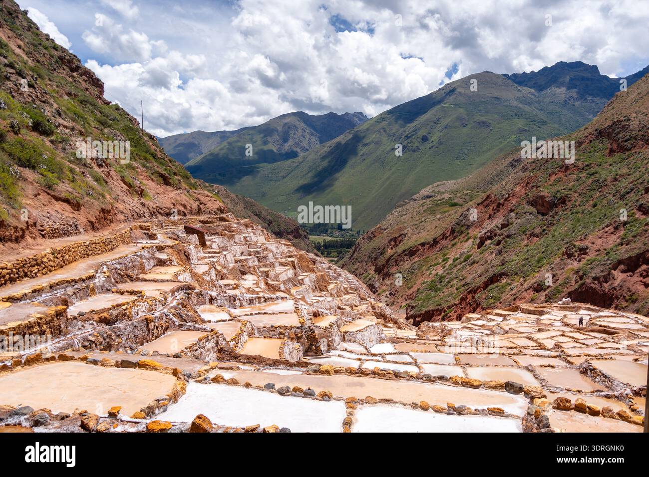 Salzterrassen in Salinas de Maras im Heiligen Tal, Peru Stockfoto