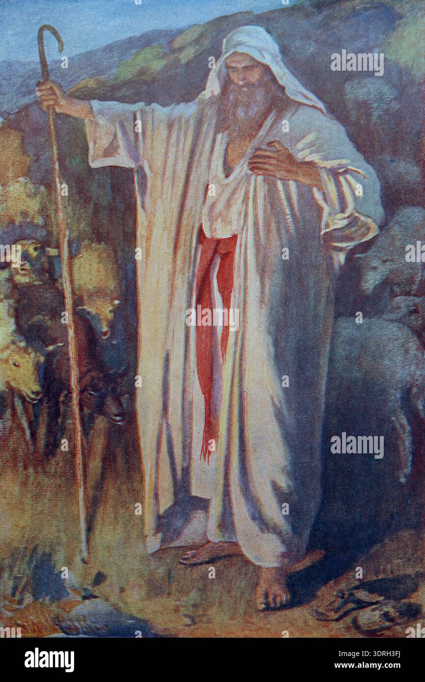 Illustration Moses als Hirte im Land der Midian nähert sich dem Flaming Bush, als Gott ihn durch das Feuer aus den 1900er Jahren des Children's Bo rief Stockfoto