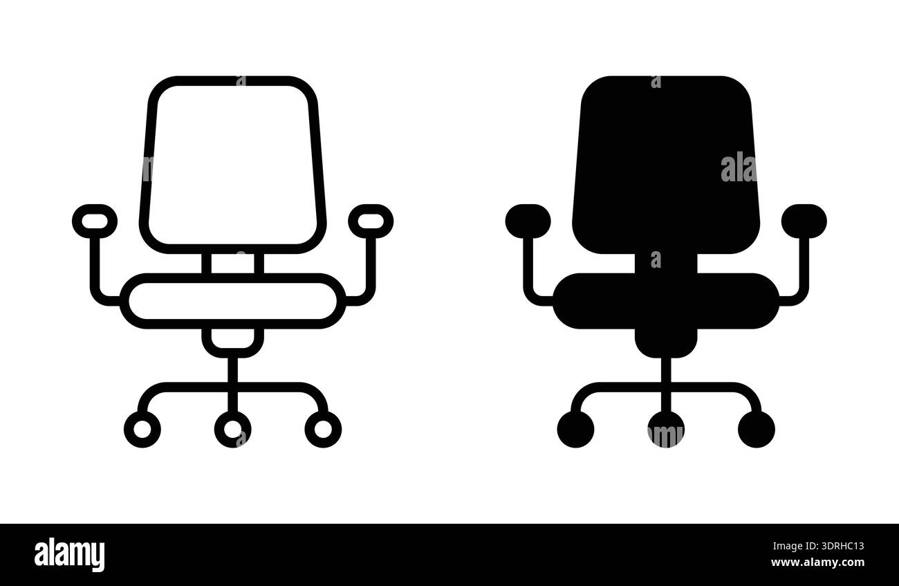 Eine minimalistische Darstellung eines Bürostuhls in umrissenem und solidem Stil, geeignet für moderne Designanforderungen. Perfekt für Arbeitsraumkonzepte und Stock Vektor