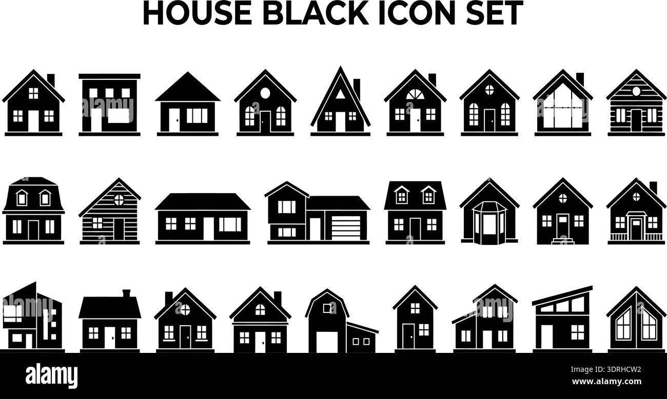 House Black Icon Set mit modernen, klassischen und Cottage Home Silhouetten Stock Vektor